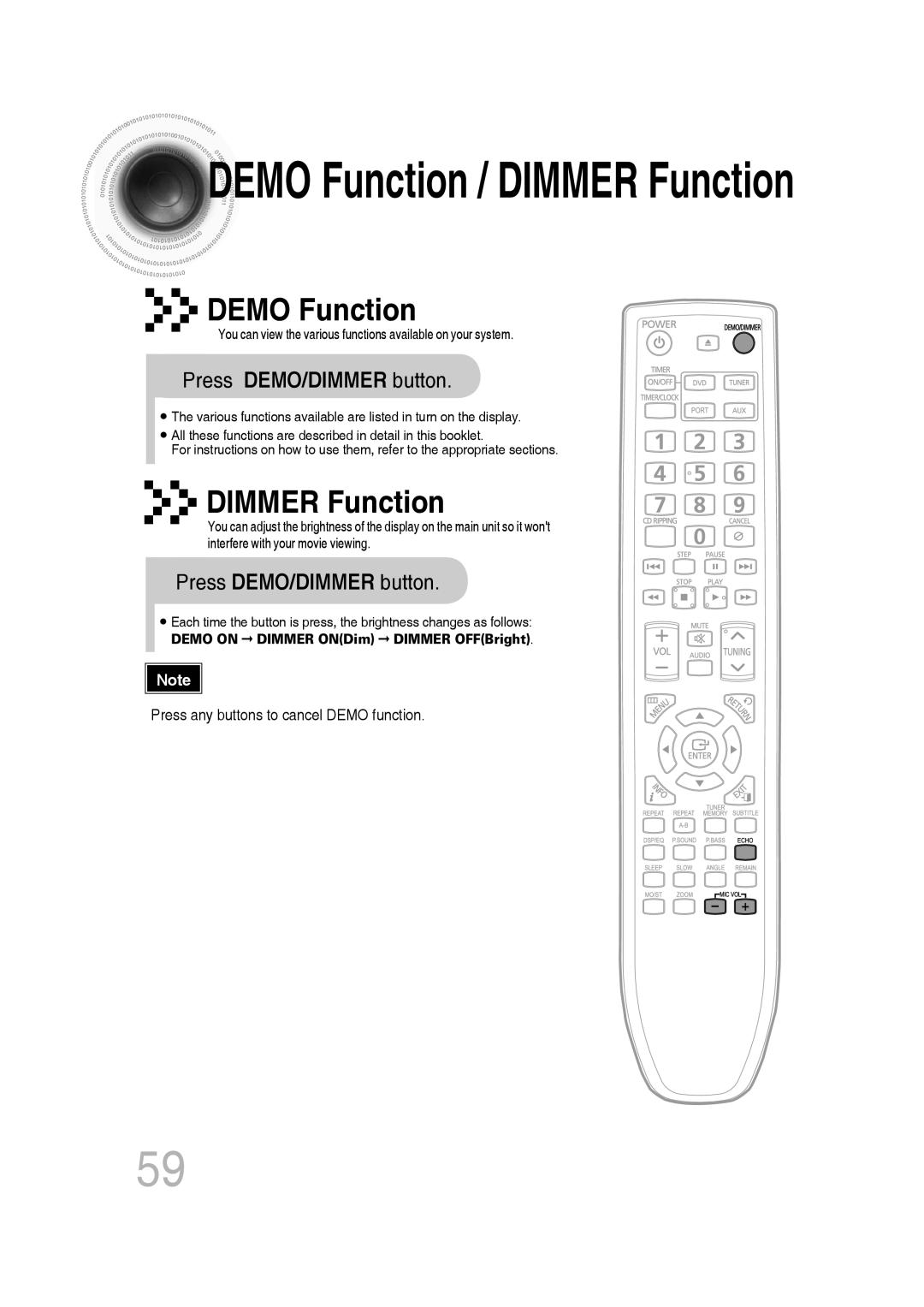 Samsung MM-C530D Press DEMO/DIMMER button, DEMO Function / DIMMER Function, DEMO ON DIMMER ONDim DIMMER OFFBright 