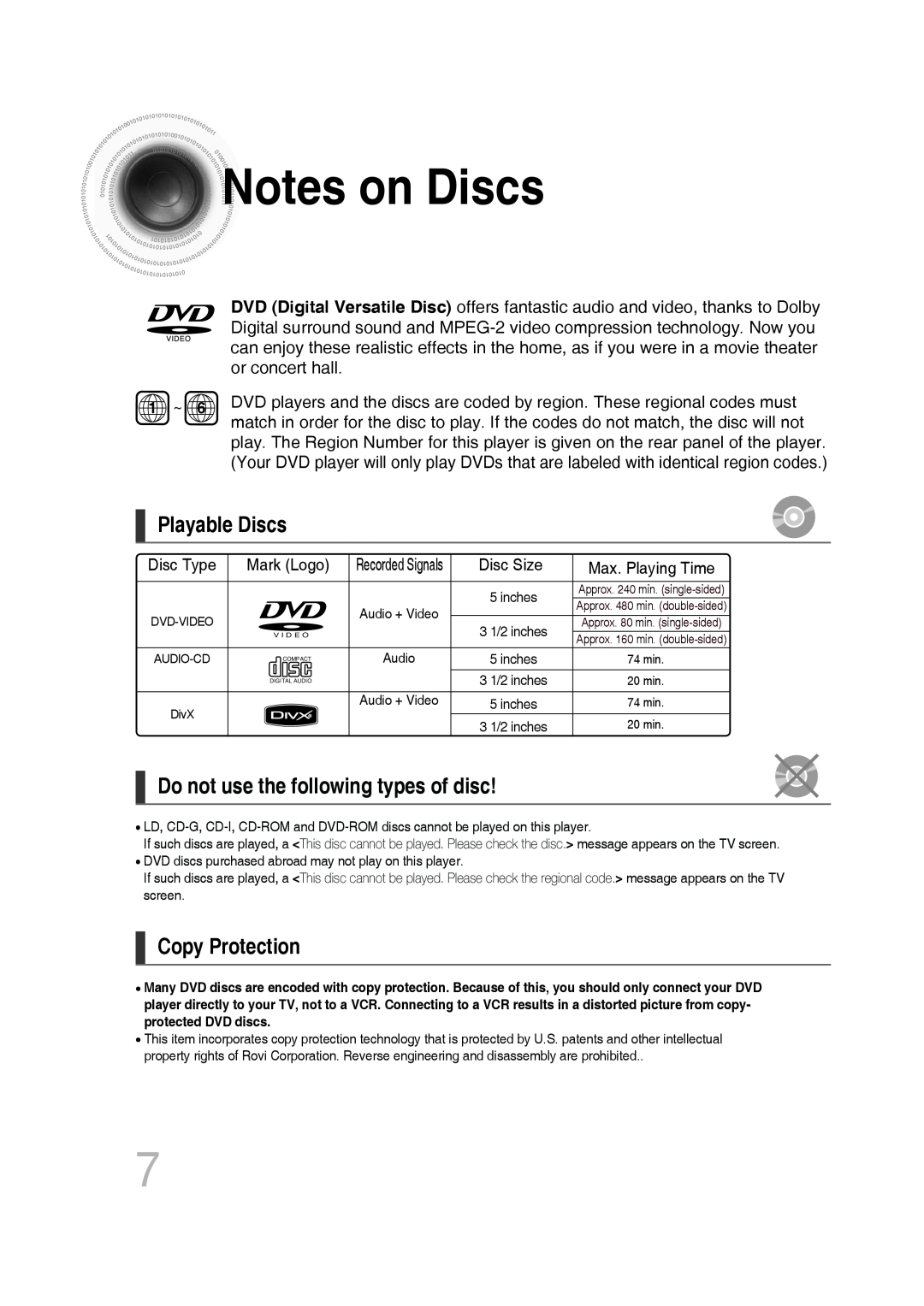 Samsung MM-C530D manual Notes on Discs, Playable Discs, Do not use the following types of disc, Copy Protection, Disc Type 
