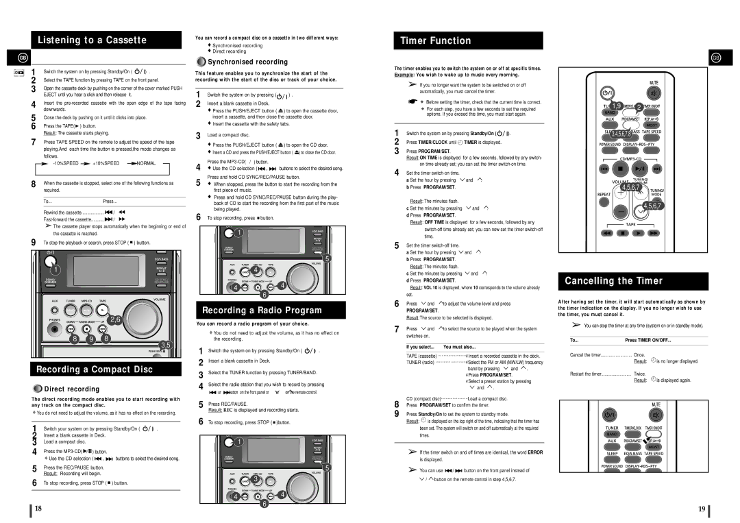 Samsung MM-C6R/ELS, MM-C6Q/XFO Listening to a Cassette, Timer Function, Cancelling the Timer, Recording a Compact Disc 