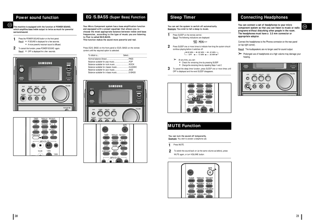 Samsung MM-C6Q/XFO manual Power sound function, Connecting Headphones, EQ /S.BASS Super Bass Function, To obtain a Select 