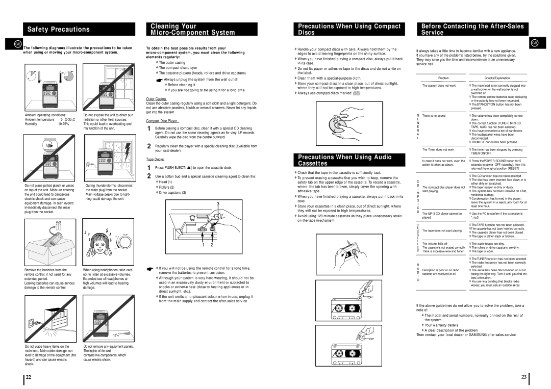 Samsung MM-C6R/ELS manual Safety Precautions Cleaning Your Micro-Component System, Precautions When Using Compact Discs 