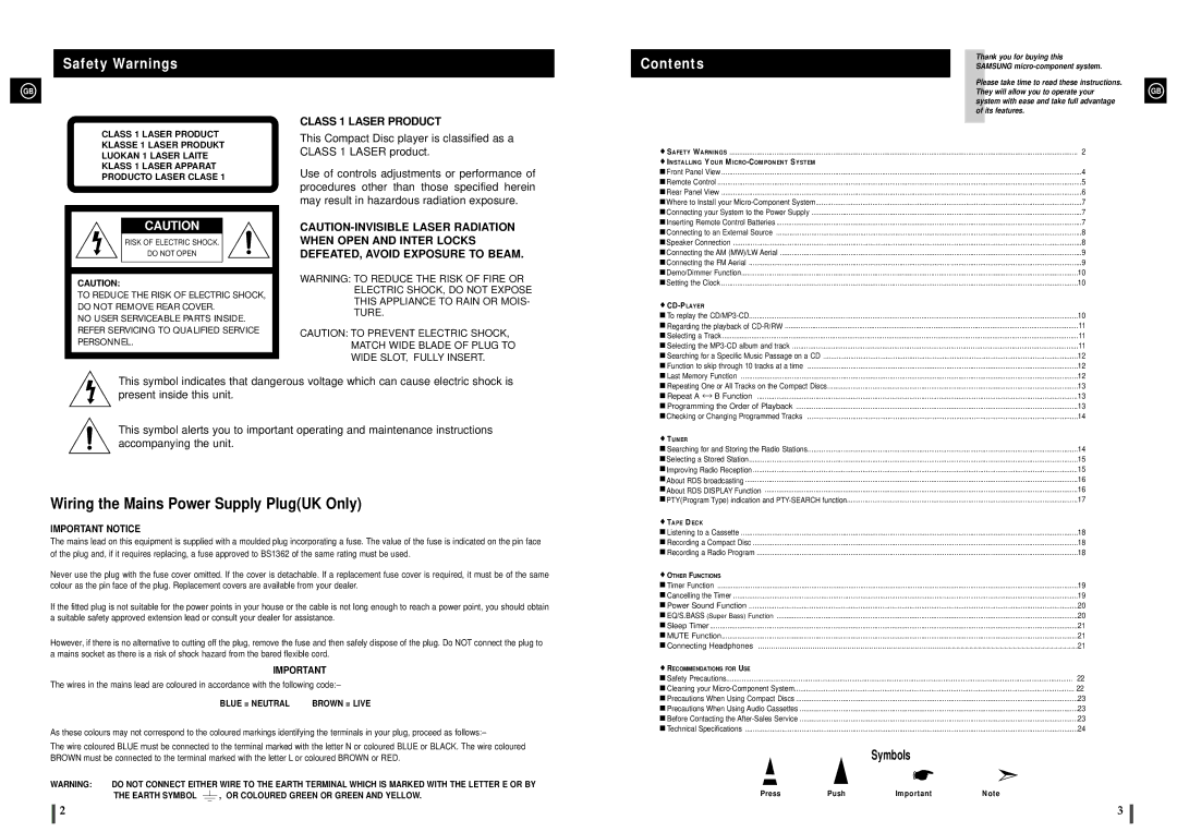 Samsung MM-C6R/ELS, MM-C6Q/XFO manual Wiring the Mains Power Supply PlugUK Only 