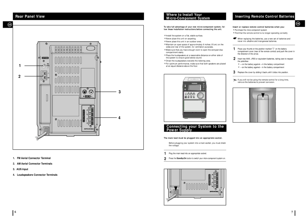 Samsung MM-C6R/ELS manual Rear Panel View, Where to Install Your Micro-Component System, Inserting Remote Control Batteries 