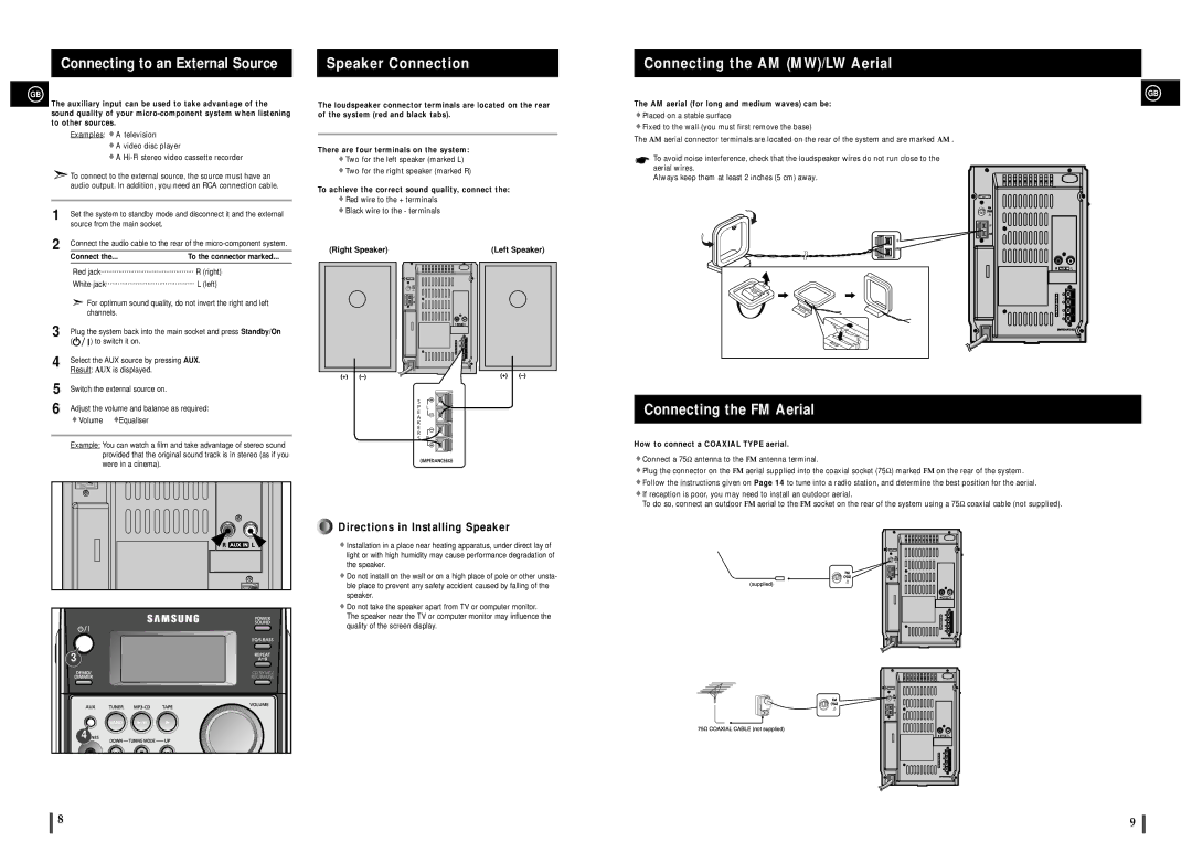 Samsung MM-C6Q/XFO, MM-C6R/ELS manual Connecting to an External Source, Speaker Connection, Connecting the AM MW/LW Aerial 