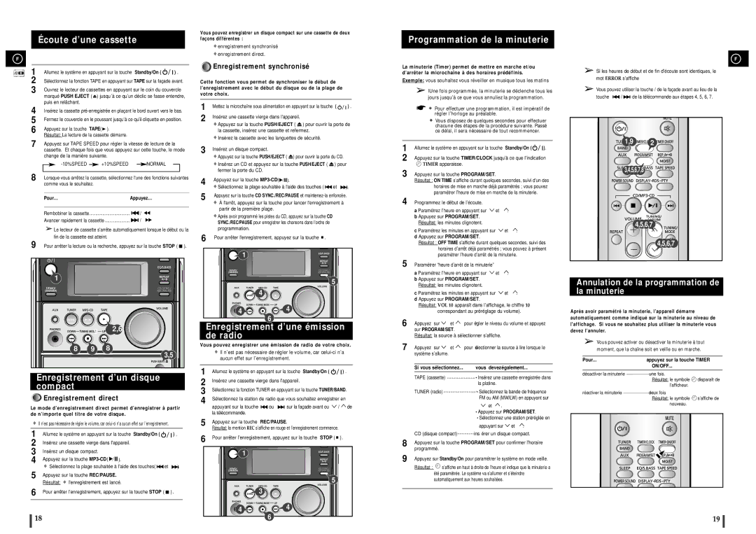 Samsung MM-C6R/ELS manual Écoute d’une cassette, Enregistrement d’un disque compact, Enregistrement d’une émission de radio 