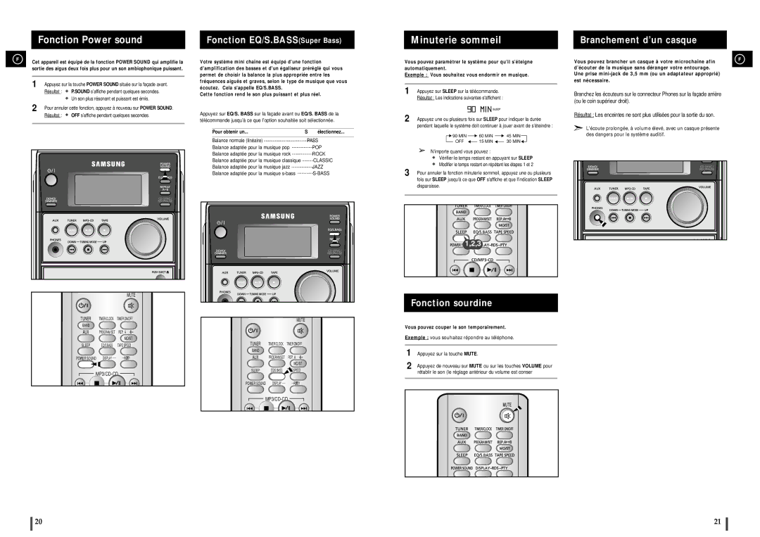 Samsung MM-C6R/ELS manual Fonction EQ/S.BASSSuper Bass, Branchement d’un casque, Fonction sourdine 