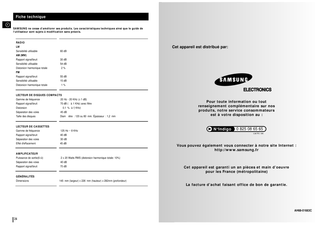 Samsung MM-C6R/ELS manual Fiche technique, Am Mw 