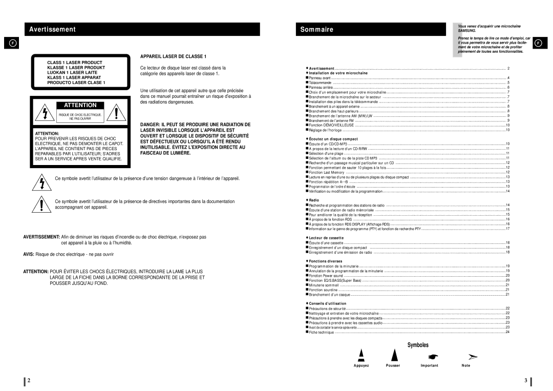 Samsung MM-C6R/ELS manual Avertissement 