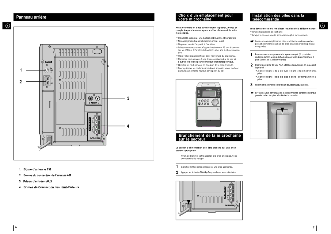 Samsung MM-C6R/ELS manual Choix d’un emplacement pour votre microchaîne, Branchement de la microchaîne sur le secteur 