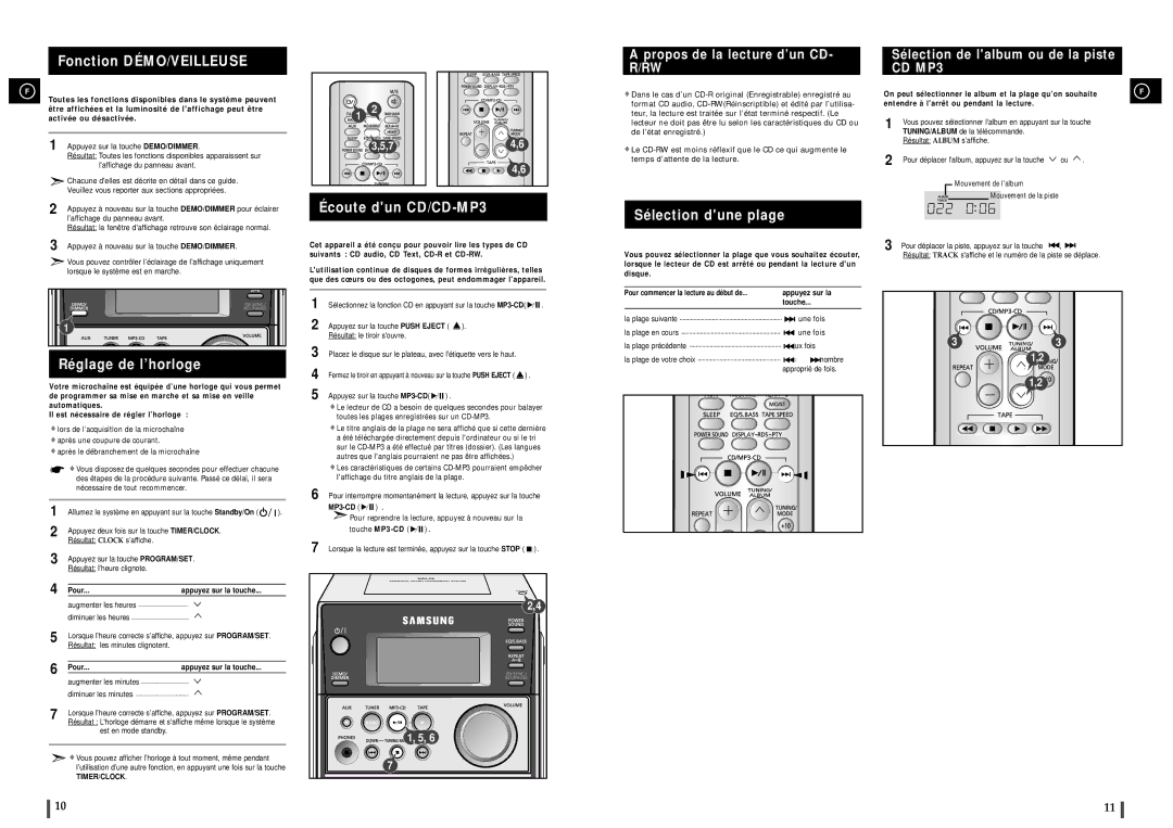 Samsung MM-C6R/ELS Fonction DÉMO/VEILLEUSE, Réglage de l’horloge, Écoute dun CD/CD-MP3, Propos de la lecture d’un CD- R/RW 