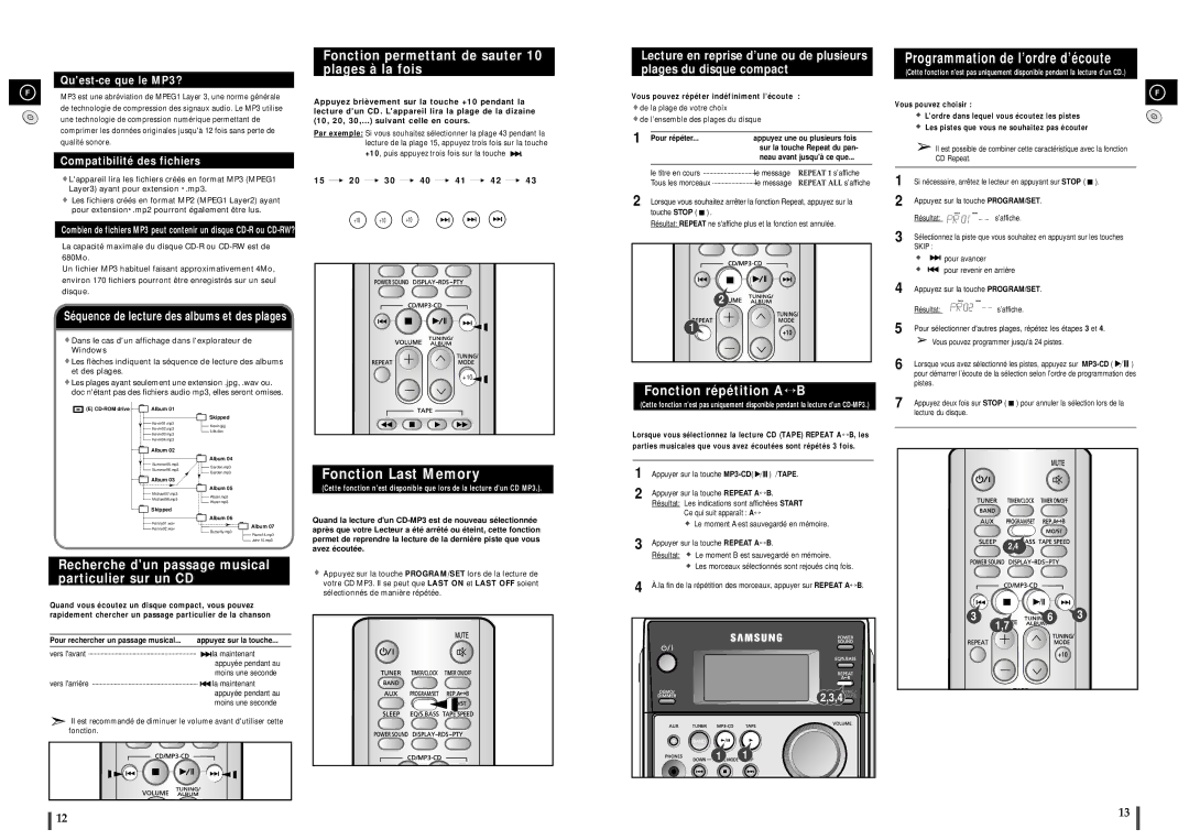 Samsung MM-C6R/ELS manual Fonction permettant de sauter 10 plages à la fois, Fonction répétition A↔ B, Fonction Last Memory 