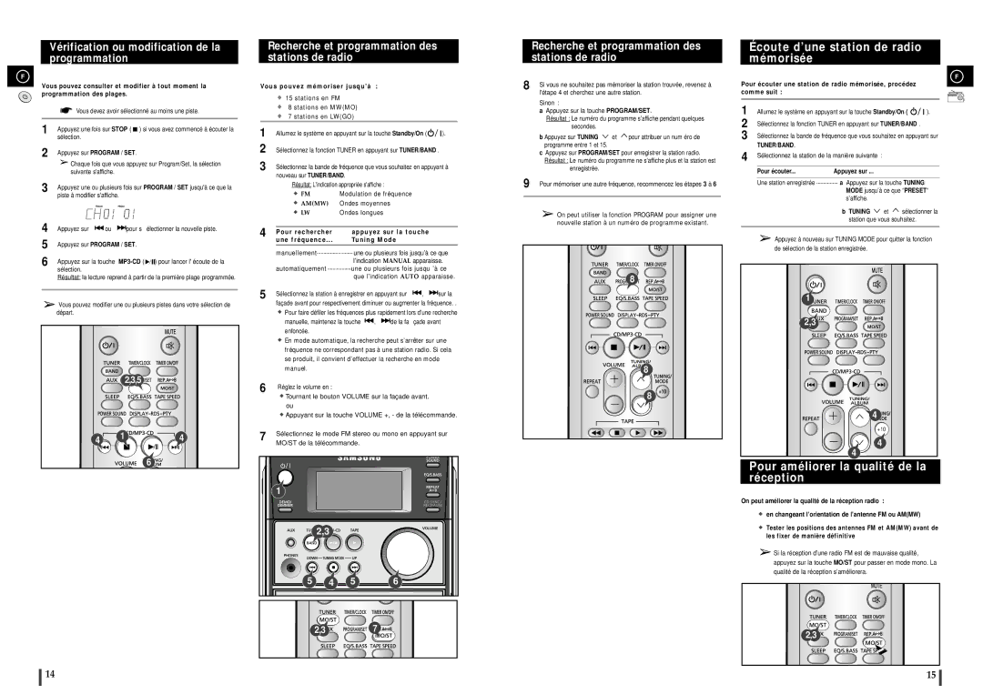 Samsung MM-C6R/ELS Vérification ou modification de la programmation, Recherche et programmation des stations de radio 