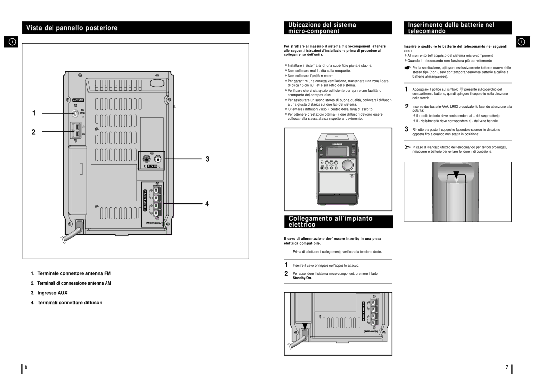 Samsung MM-C6R/ELS manual Vista del pannello posteriore, Ubicazione del sistema micro-component, Standby/On 