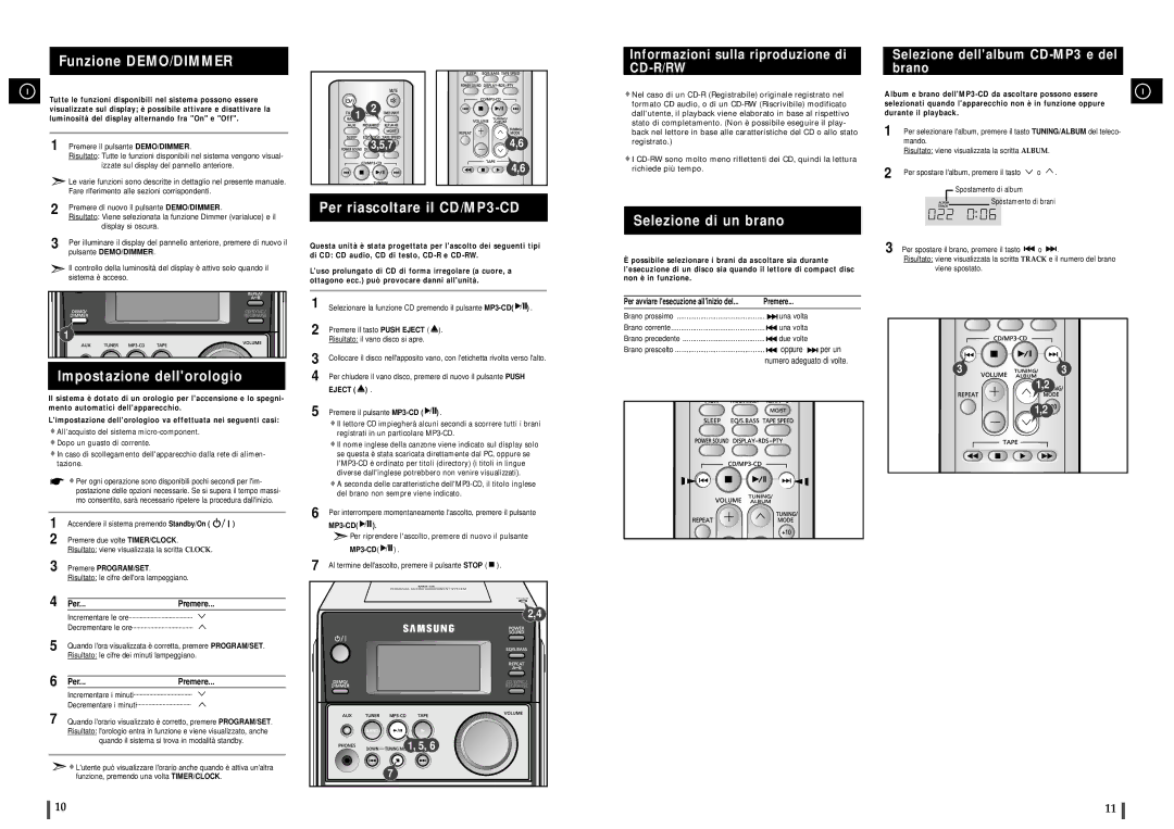 Samsung MM-C6R/ELS Funzione DEMO/DIMMER, Impostazione dellorologio, Per riascoltare il CD/MP3-CD, Selezione di un brano 