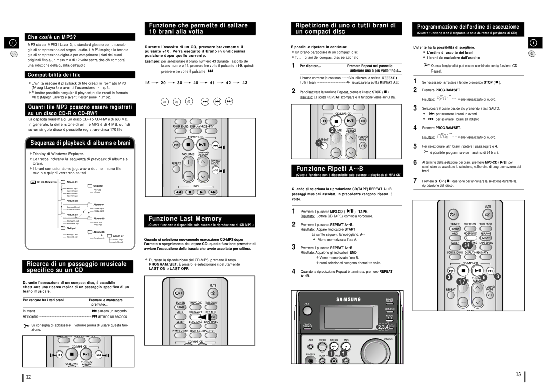 Samsung MM-C6R/ELS manual Funzione che permette di saltare 10 brani alla volta, Funzione Ripeti A↔ B, Funzione Last Memory 