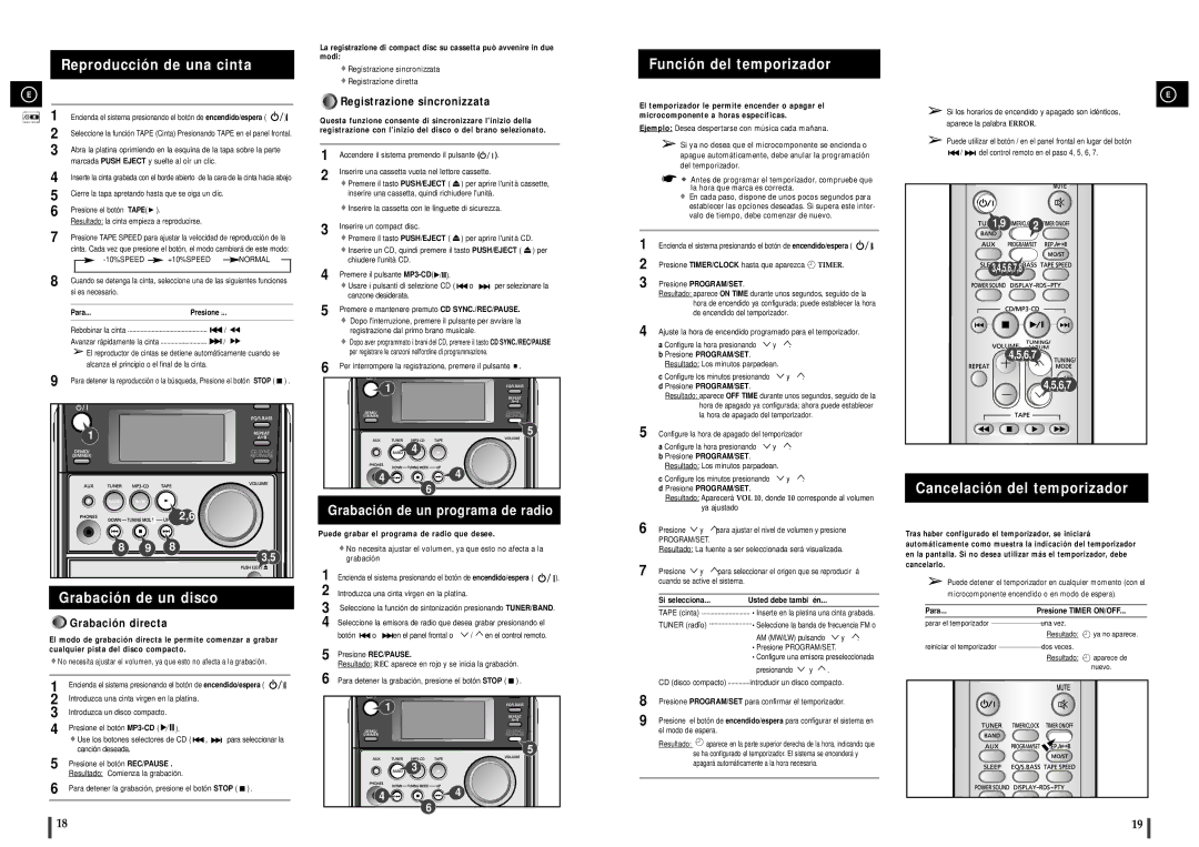 Samsung MM-C6R/ELS manual Reproducción de una cinta, Grabación de un disco, Grabación de un programa de radio 