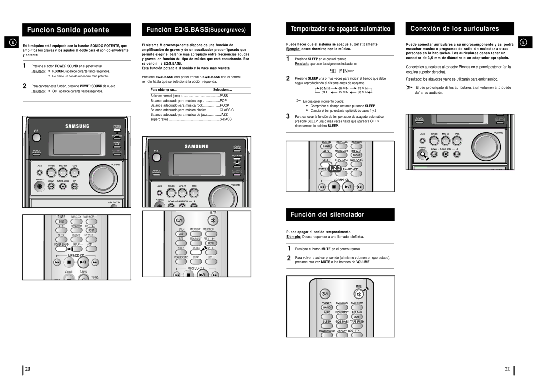 Samsung MM-C6R/ELS manual Función EQ/S.BASSSupergraves, Función del silenciador, Conexión de los auriculares 