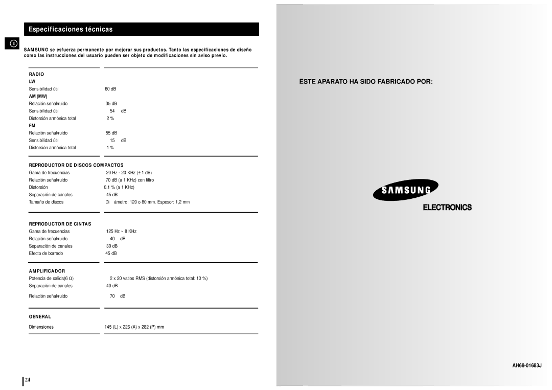 Samsung MM-C6R/ELS manual Este Aparato HA Sido Fabricado POR, Especificaciones técnicas 