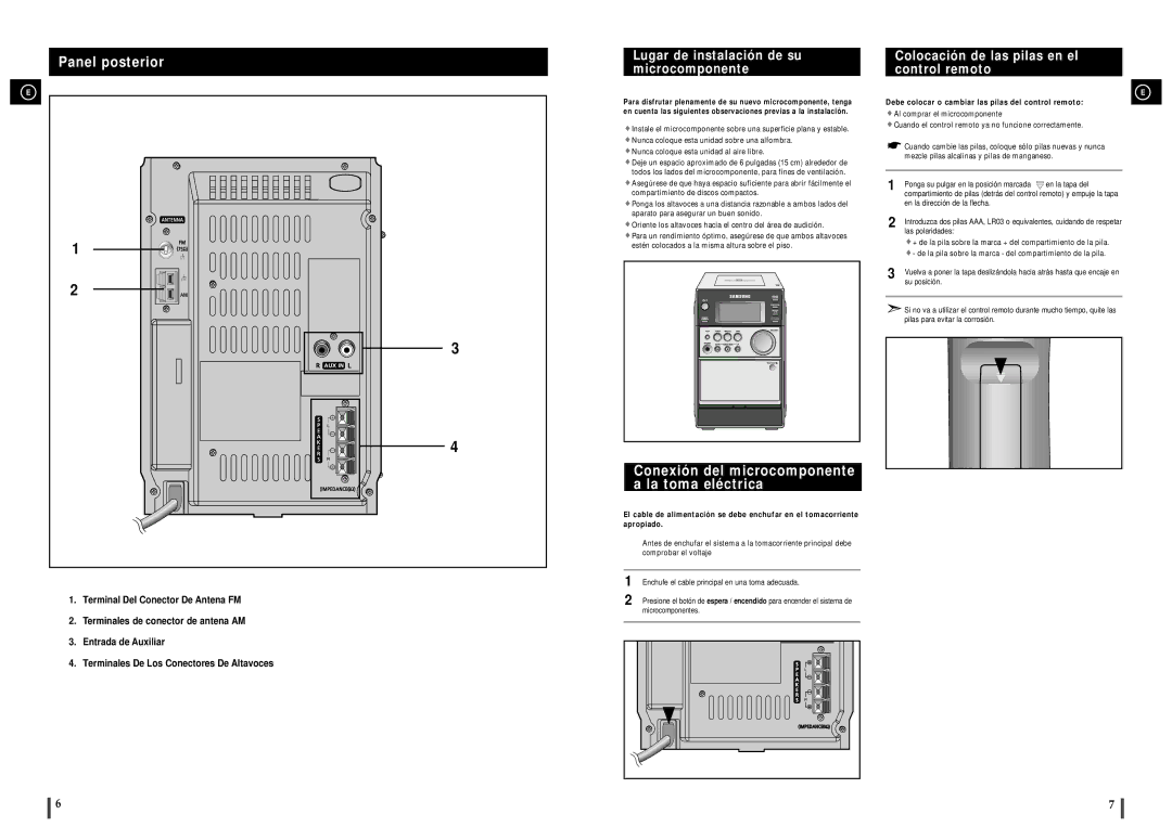 Samsung MM-C6R/ELS manual Panel posterior, Lugar de instalación de su microcomponente 