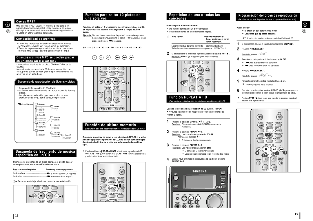 Samsung MM-C6R/ELS manual Función para saltar 10 pistas de una sola vez, Repetición de una o todas las canciones 