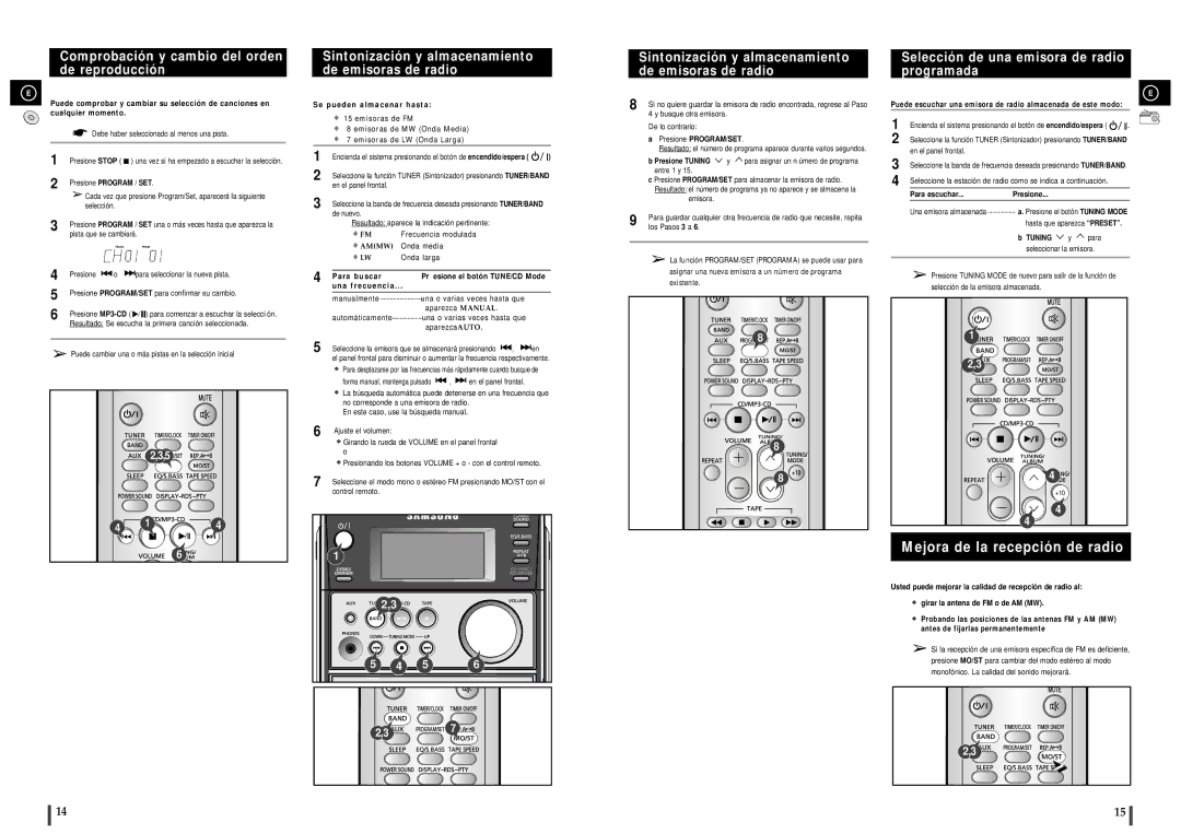 Samsung MM-C6R/ELS Comprobación y cambio del orden de reproducción, Sintonización y almacenamiento de emisoras de radio 