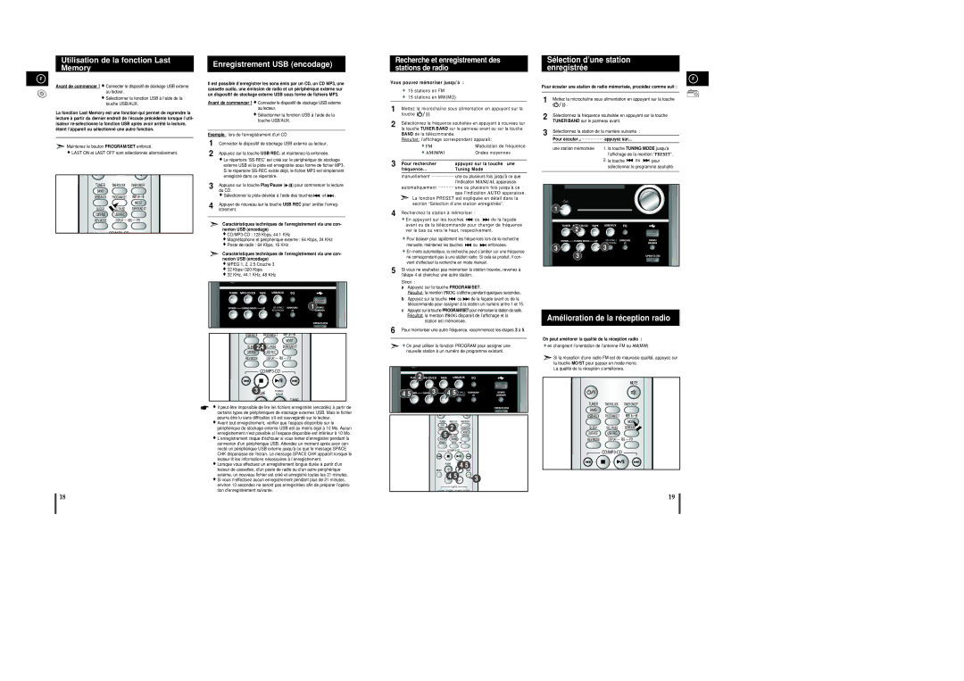Samsung MM-C8R/ELS Utilisation de la fonction Last Memory, Enregistrement USB encodage, Amélioration de la réception radio 