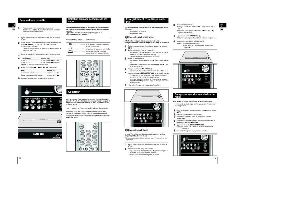 Samsung MM-C8R/ELS, MM-UC8R/ELS manual Écoute d’une cassette, Sélection du mode de lecture de cas- sette, Compteur 