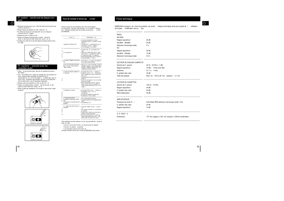 Samsung MM-UC8R/ELS, MM-C8R/ELS manual Fiche technique, Précautions à prendre avec les cassettes audio 