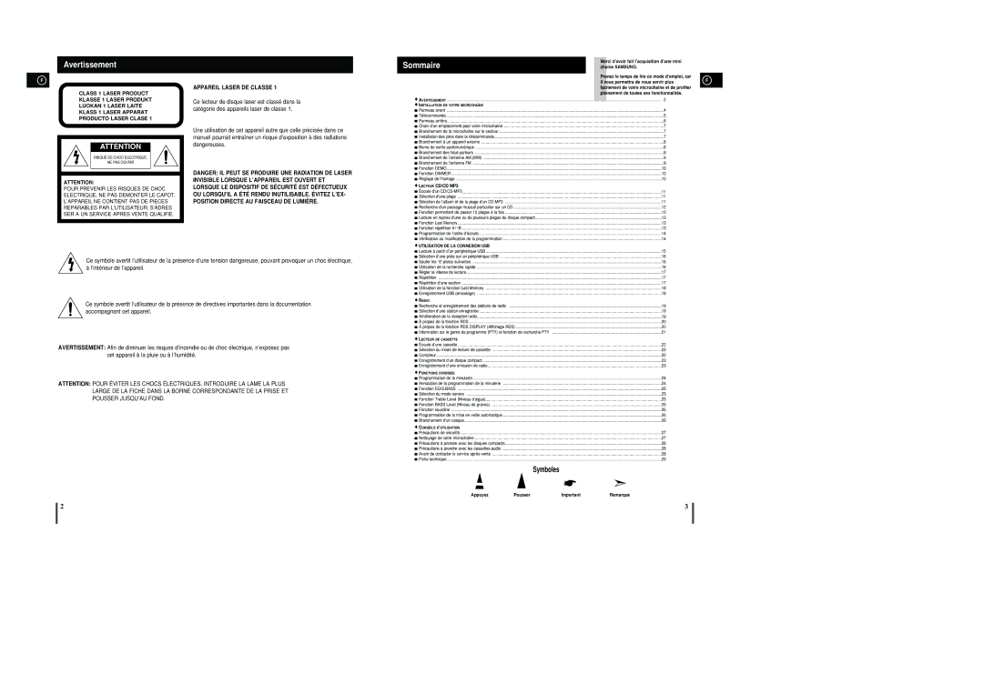 Samsung MM-C8R/ELS, MM-UC8R/ELS manual Avertissement, Sommaire, Lecteur CD/CD MP3, Appuyez Pousser 