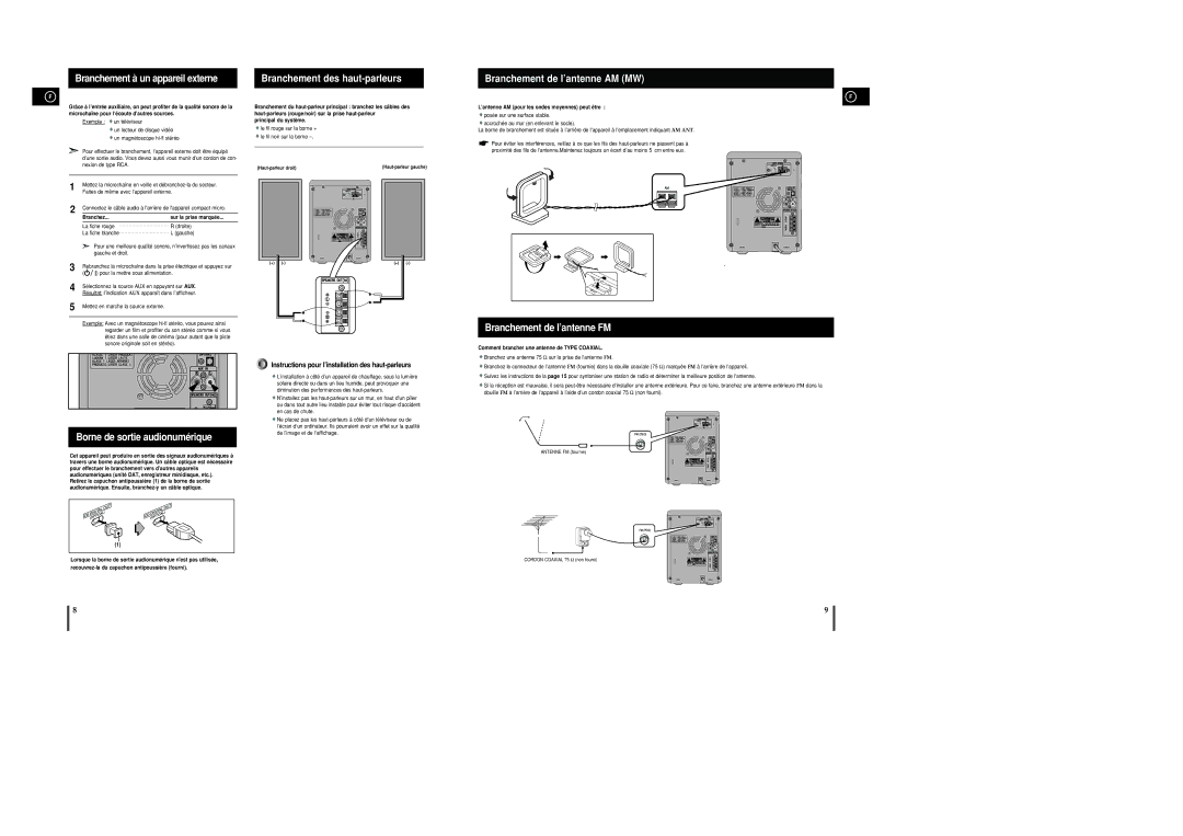 Samsung MM-UC8R/ELS manual Branchement à un appareil externe, Branchement des haut-parleurs, Branchement de l’antenne AM MW 