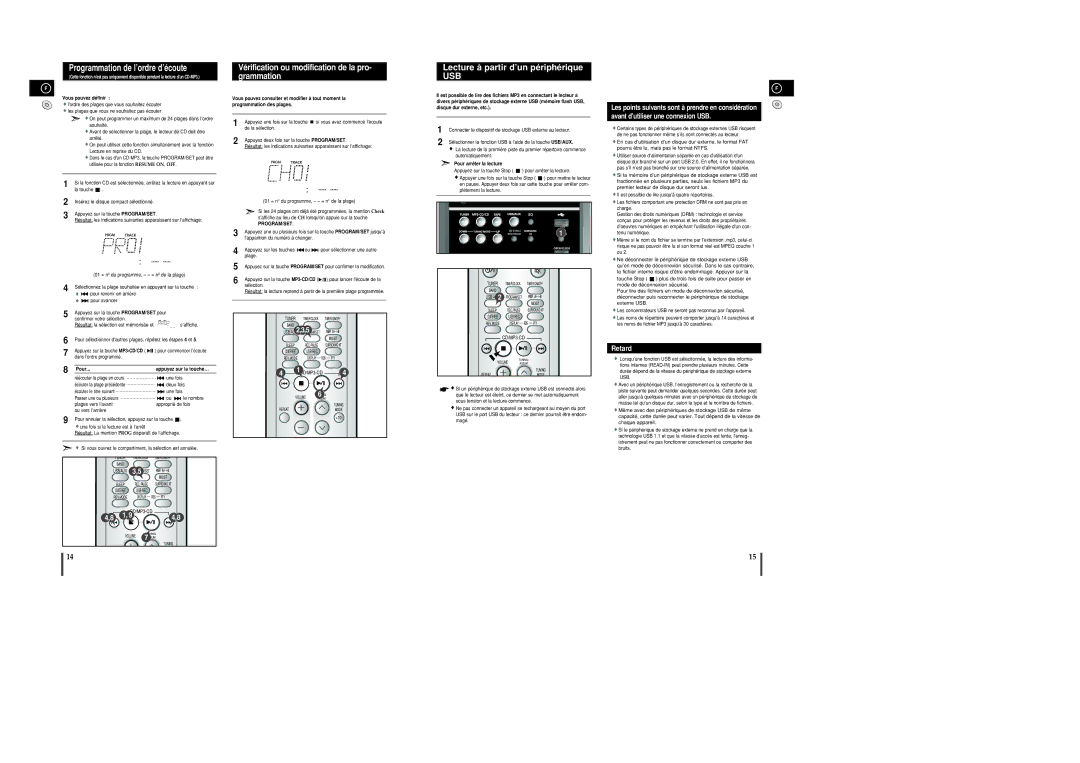 Samsung MM-C8R/ELS manual Lecture à partir d’un périphérique, Vérification ou modification de la pro- grammation, Retard 