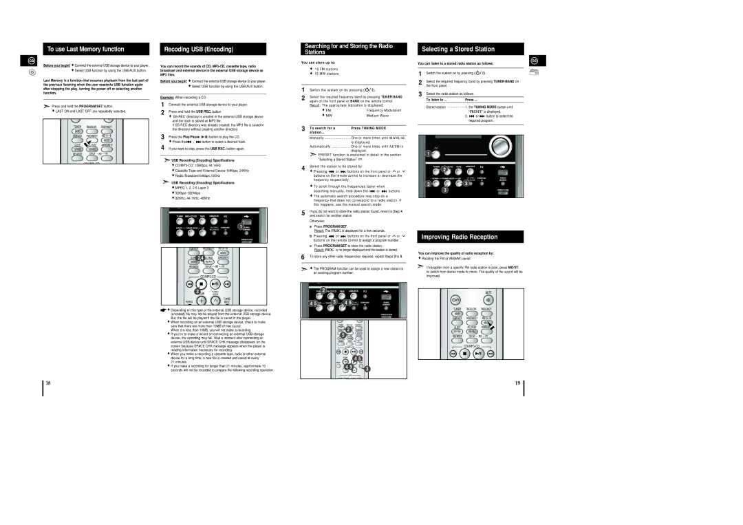 Samsung MM-C8R/ELS manual To use Last Memory function, Recoding USB Encoding, Searching for and Storing the Radio Stations 