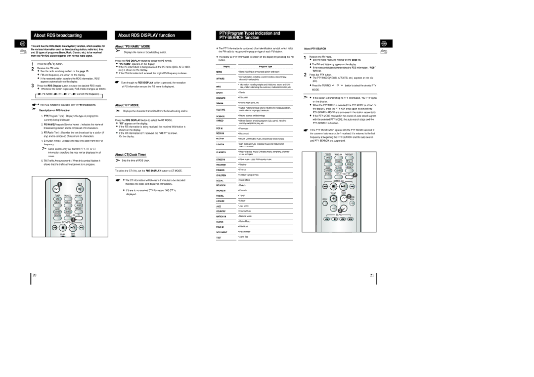 Samsung MM-UC8R/ELS About RDS broadcasting, About RDS Display function, PTYProgram Type indication and PTY-SEARCH function 