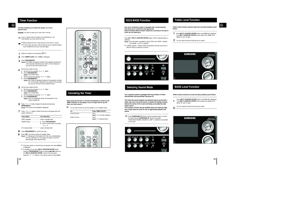 Samsung MM-UC8R/ELS Timer Function, Canceling the Timer, EQ/S.BASS Function, Selecting Sound Mode, Treble Level Function 