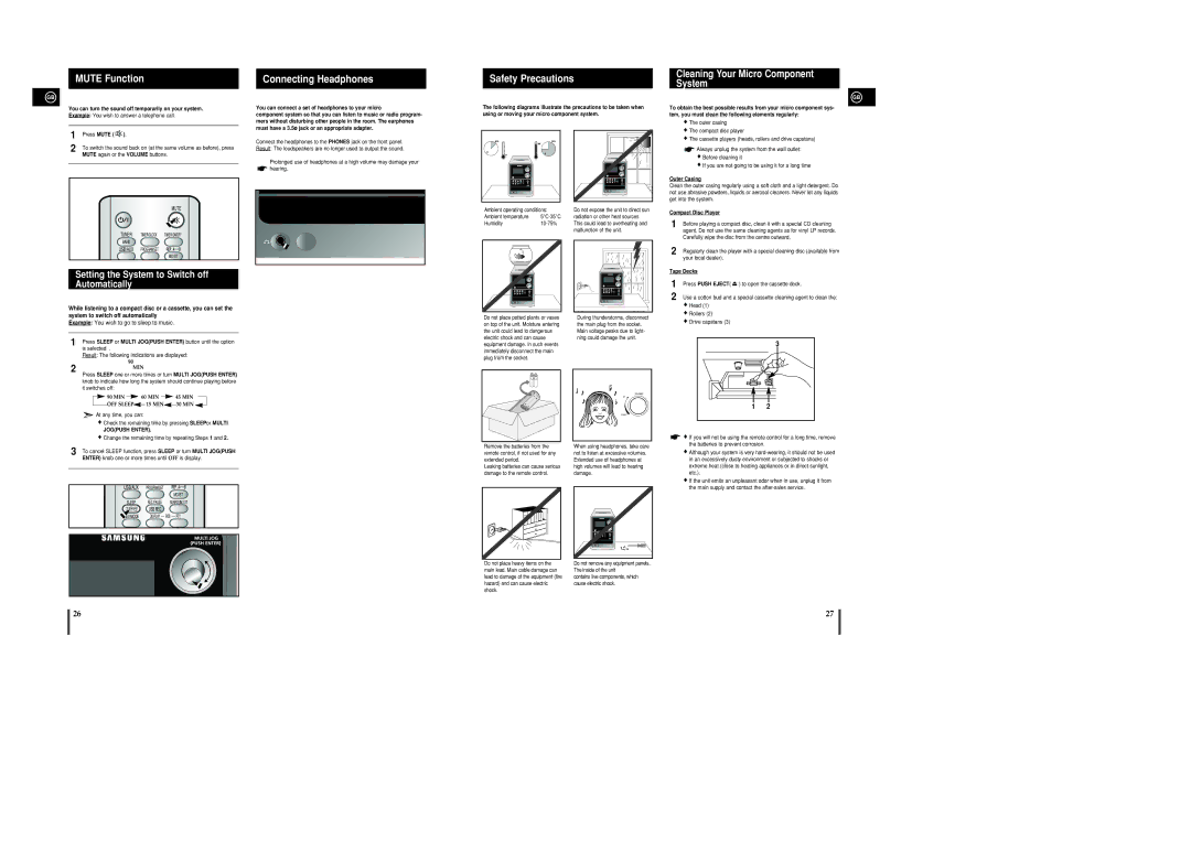 Samsung MM-C8R/ELS manual Mute Function, Connecting Headphones, Safety Precautions Cleaning Your Micro Component System 