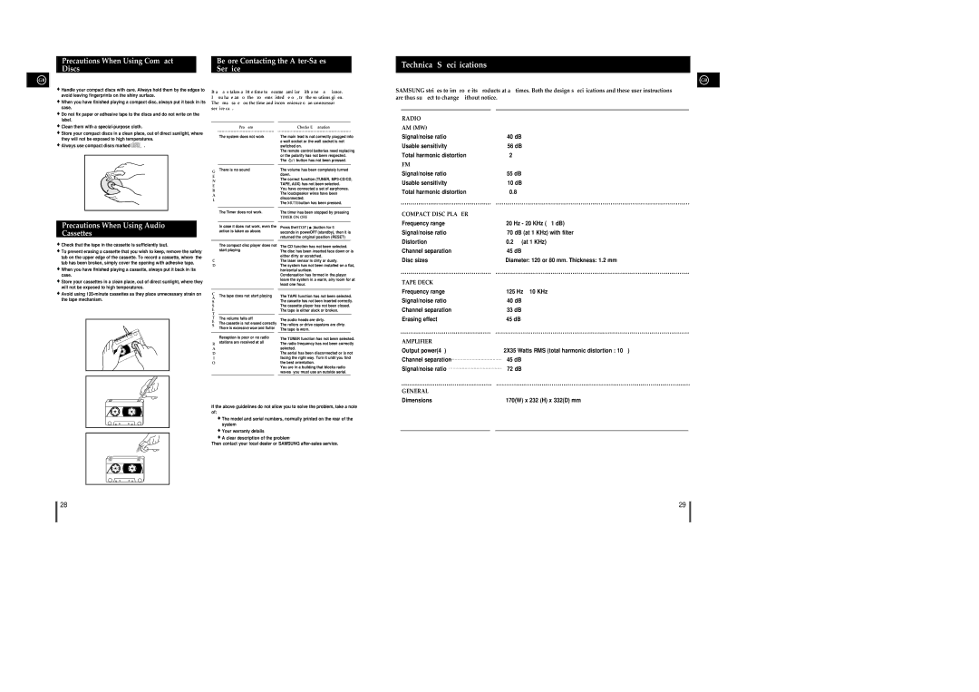 Samsung MM-UC8R/ELS, MM-C8R/ELS manual Precautions When Using Compact Discs, Before Contacting the After-Sales Service 