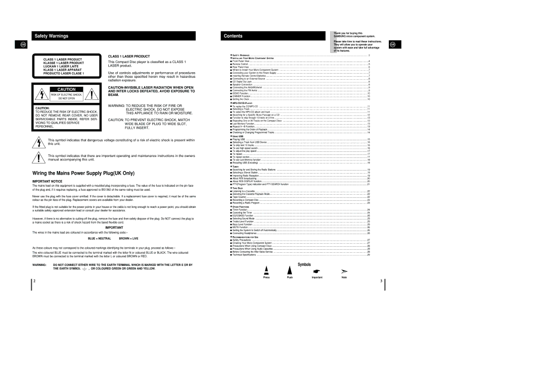 Samsung MM-C8R/ELS, MM-UC8R/ELS manual Safety Warnings, Contents 