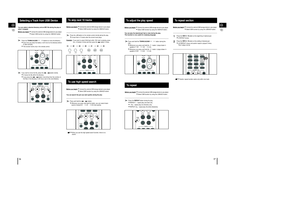 Samsung MM-UC8R/ELS manual To use high speed search, To repeat, You can search the part you want quickly during the play 