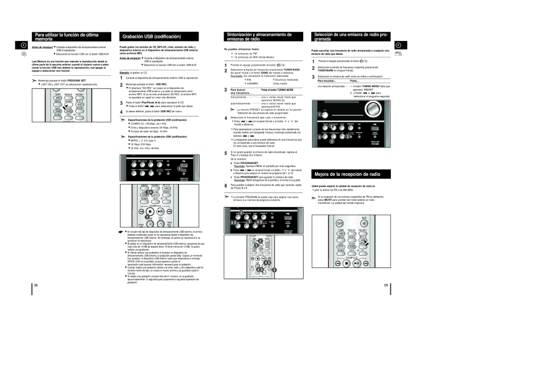 Samsung MM-C8R/ELS Para utilizar la función de última memoria, Grabación USB codificación, Mejora de la recepción de radio 