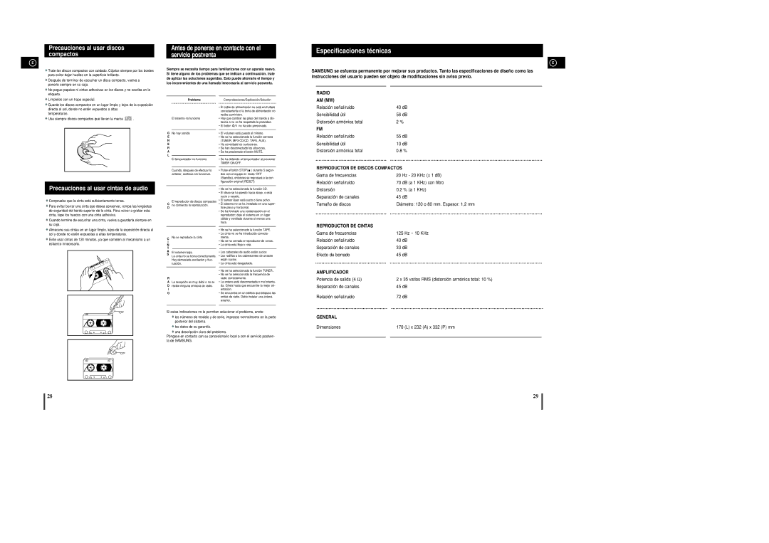 Samsung MM-UC8R/ELS Precauciones al usar discos compactos, Especificaciones técnicas, Precauciones al usar cintas de audio 