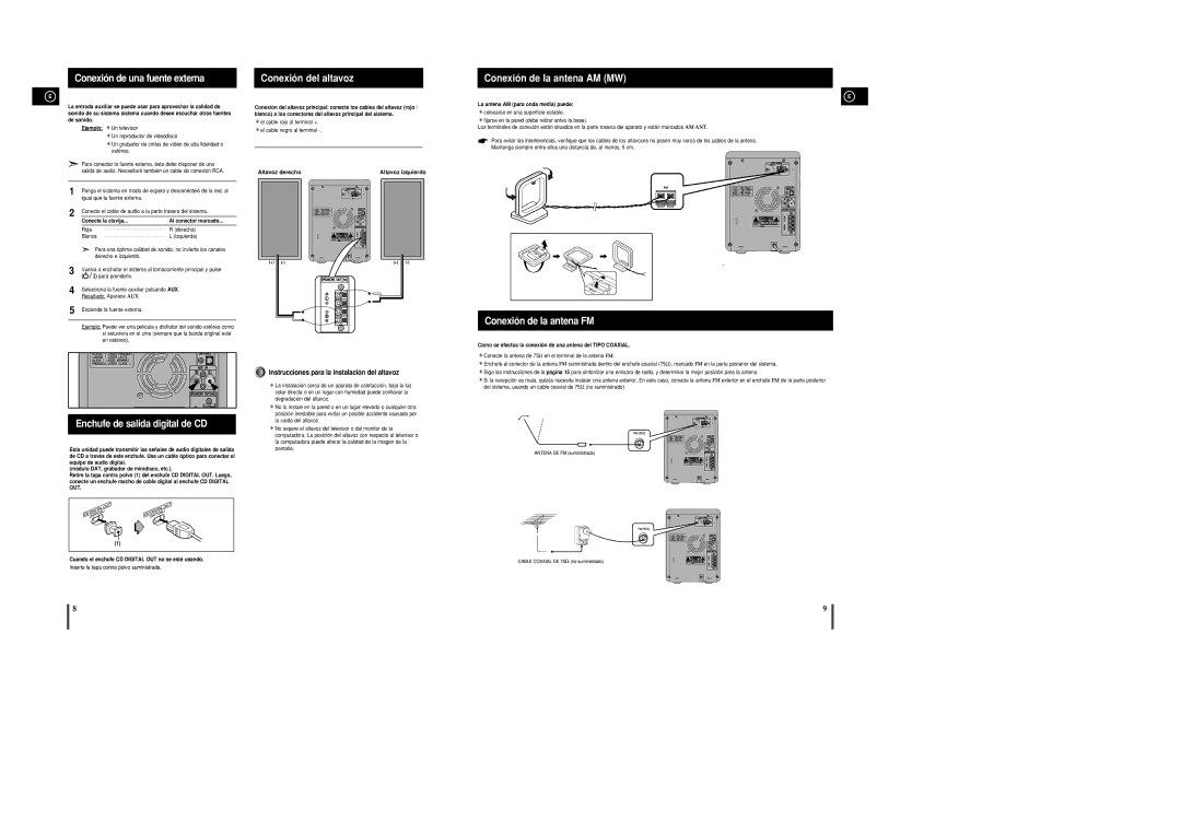 Samsung MM-UC8R/ELS, MM-C8R/ELS manual Conexión de una fuente externa, Conexión del altavoz, Conexión de la antena AM MW 