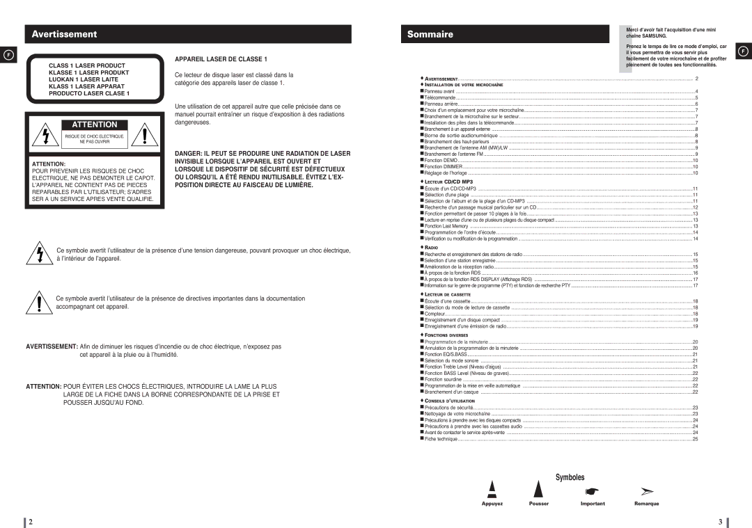 Samsung MM-C8R/ELS manual Avertissement, Appuyez Pousser 