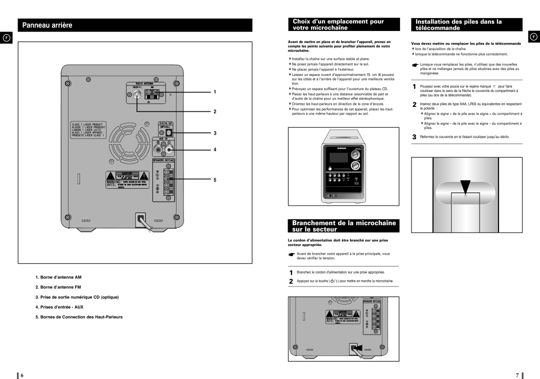 Samsung MM-C8R/ELS manual Branchement de la microchaîne sur le secteur, Choix d’un emplacement pour votre microchaîne 