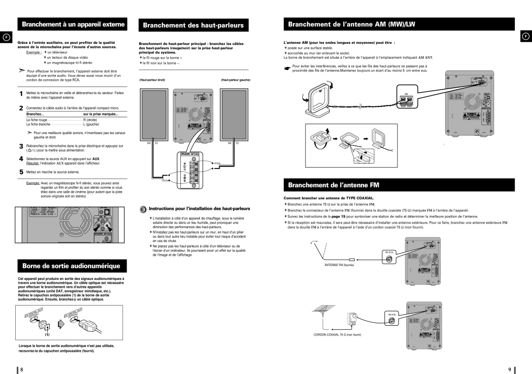 Samsung MM-C8R/ELS manual Branchement à un appareil externe, Borne de sortie audionumérique, Branchement des haut-parleurs 