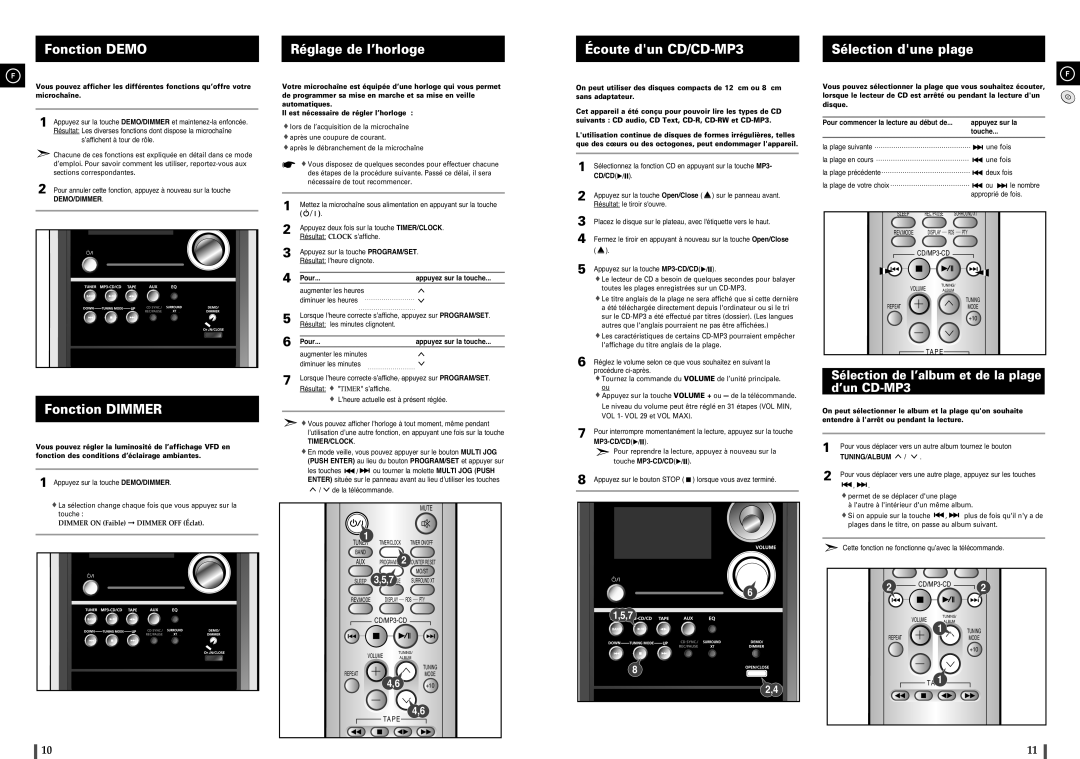 Samsung MM-C8R/ELS manual Fonction Demo Réglage de l’horloge, Fonction Dimmer Écoute dun CD/CD-MP3, Sélection dune plage 