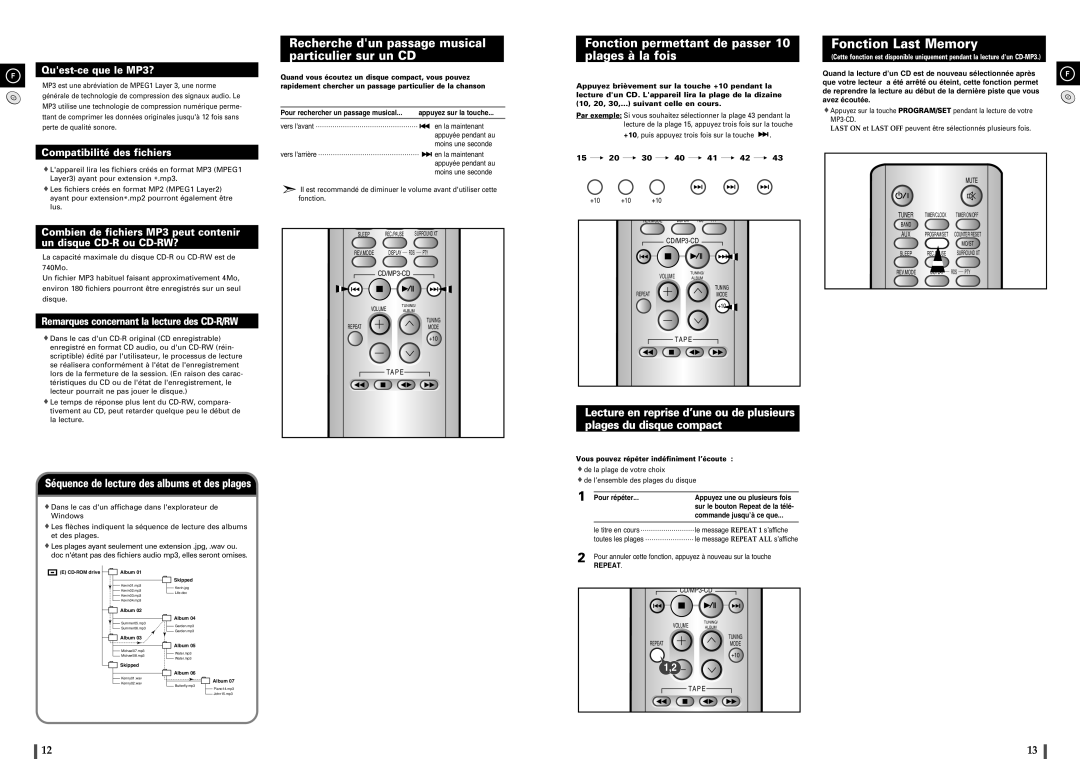 Samsung MM-C8R/ELS manual Fonction Last Memory, Recherche dun passage musical particulier sur un CD, Repeat 