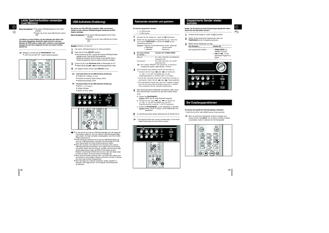 Samsung MM-C8R/ELS manual Letzte Speicherfunktion verwenden Last Memory, USB-Aufnahme Kodierung, Bei Empfangsproblemen 