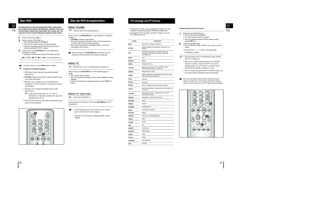 Samsung MM-C8R/ELS Über RDS, Über die RDS-Anzeigefunktion, PTY-Anzeige und PTY-Suche, Programmsparte suchen PTY-Suche 