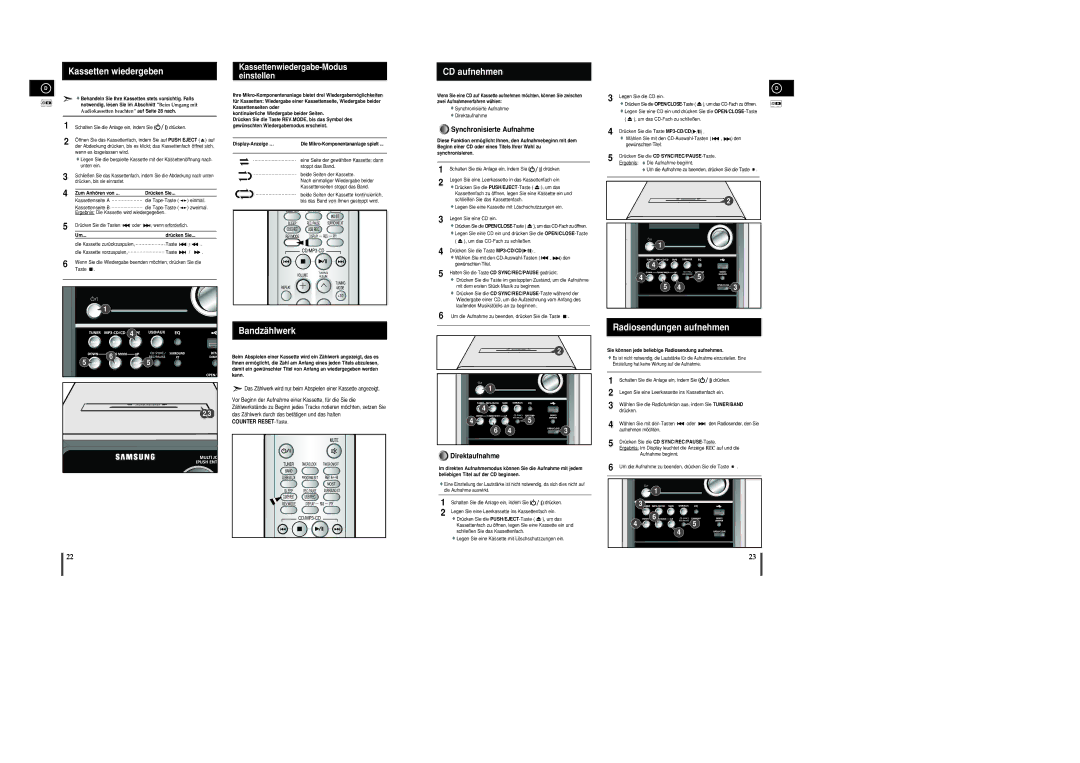 Samsung MM-C8R/ELS manual Kassetten wiedergeben Kassettenwiedergabe-Modus Einstellen, CD aufnehmen, Bandzählwerk 