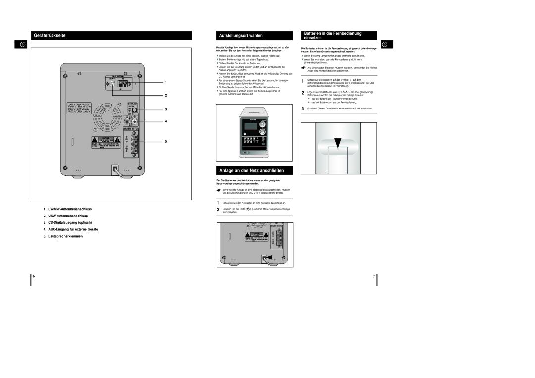 Samsung MM-C8R/ELS manual Geräterückseite, Aufstellungsort wählen, Anlage an das Netz anschließen 